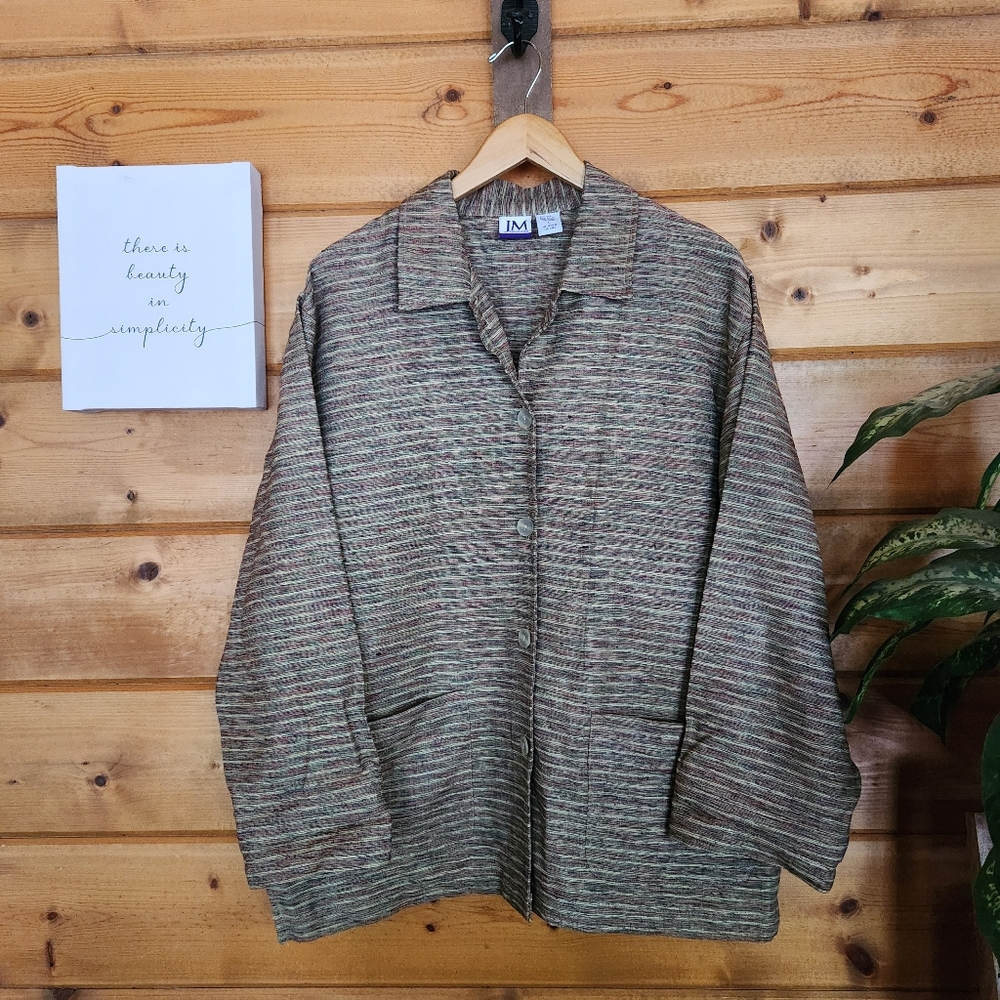 JM Collection Silk Blend Slub Knit Striped Button Up Jacket Blazer Shacket Sz L
